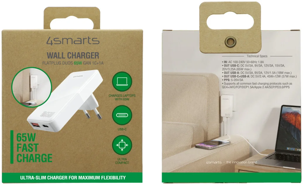 4Smarts FlatPlug 65W Power Delivery / Quick Charge USB-C / USB-A Adapter Wit afbeelding 13