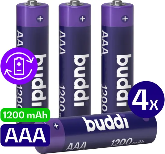 Buddi Oplaadbare AAA Batterijen 1.200 mAh 1.2V 4 Stuks afbeelding 1