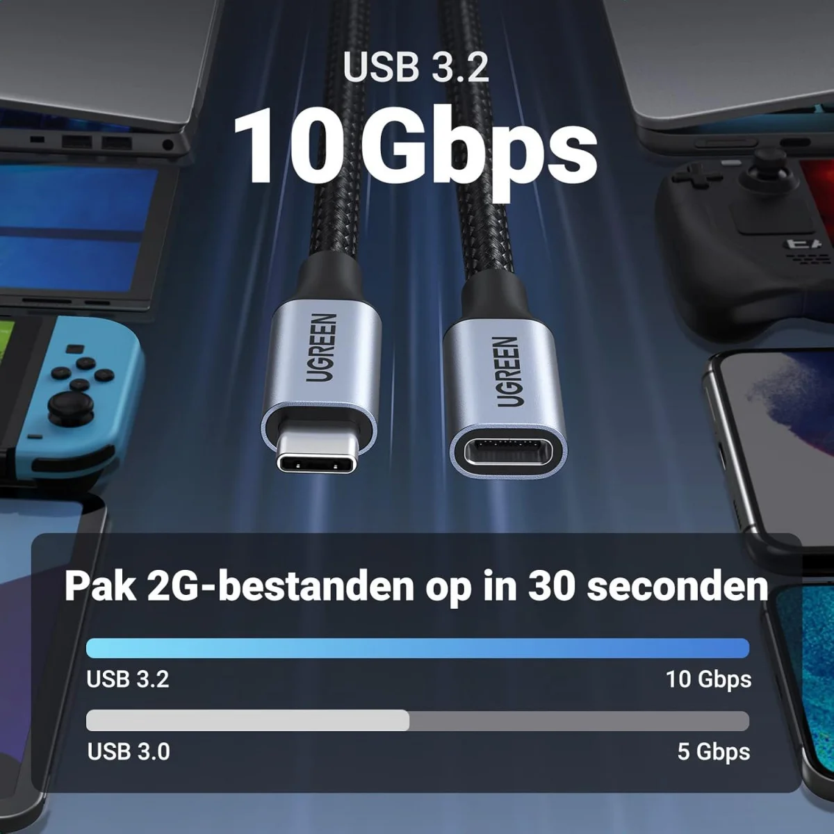 UGREEN 100W USB-C Male naar Female Verlengkabel 4K@60Hz 1M Zwart afbeelding 3