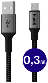 Buddi Flex USB-A naar Micro-USB Kabel 12W Fast Charge 30CM Zwart