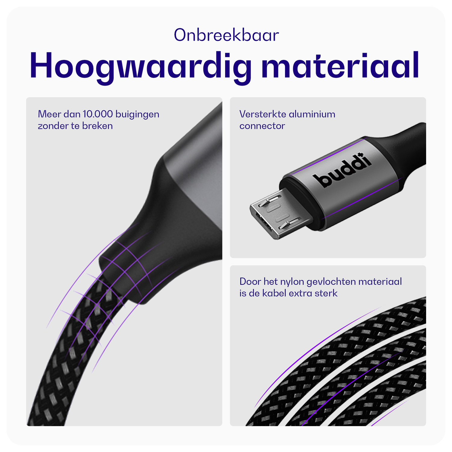 Buddi Flex USB-A naar Micro-USB Kabel 12W Fast Charge 2M Zwart afbeelding 6