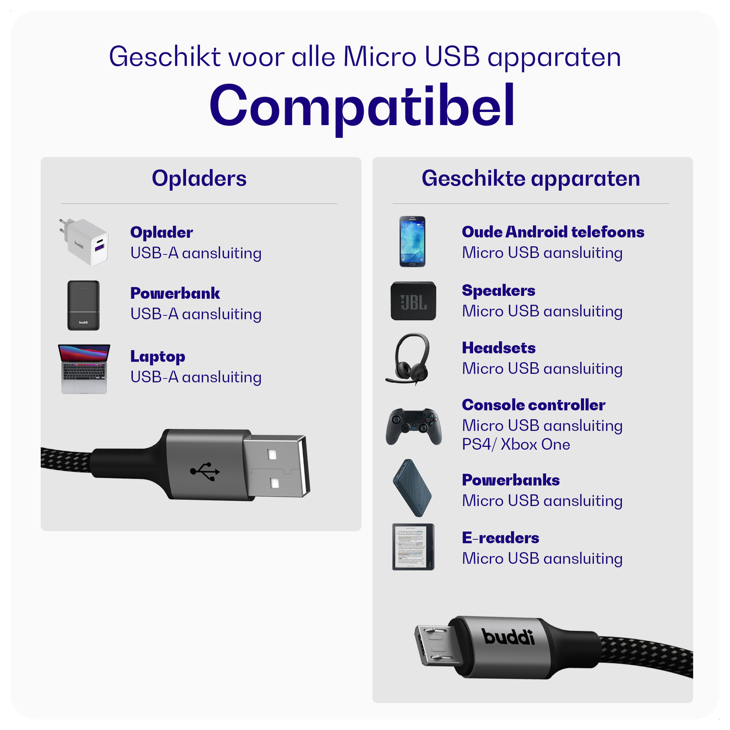 Buddi Flex USB-A naar Micro-USB Kabel 12W Fast Charge 2M Zwart afbeelding 4