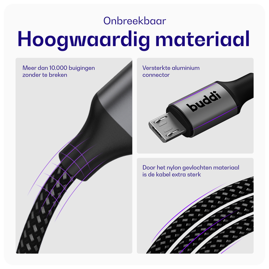 Buddi Flex USB-A naar Micro-USB Kabel 12W Fast Charge 2M Zwart afbeelding 6