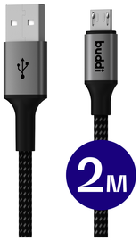 Buddi Flex USB-A naar Micro-USB Kabel 12W Fast Charge 2M Zwart