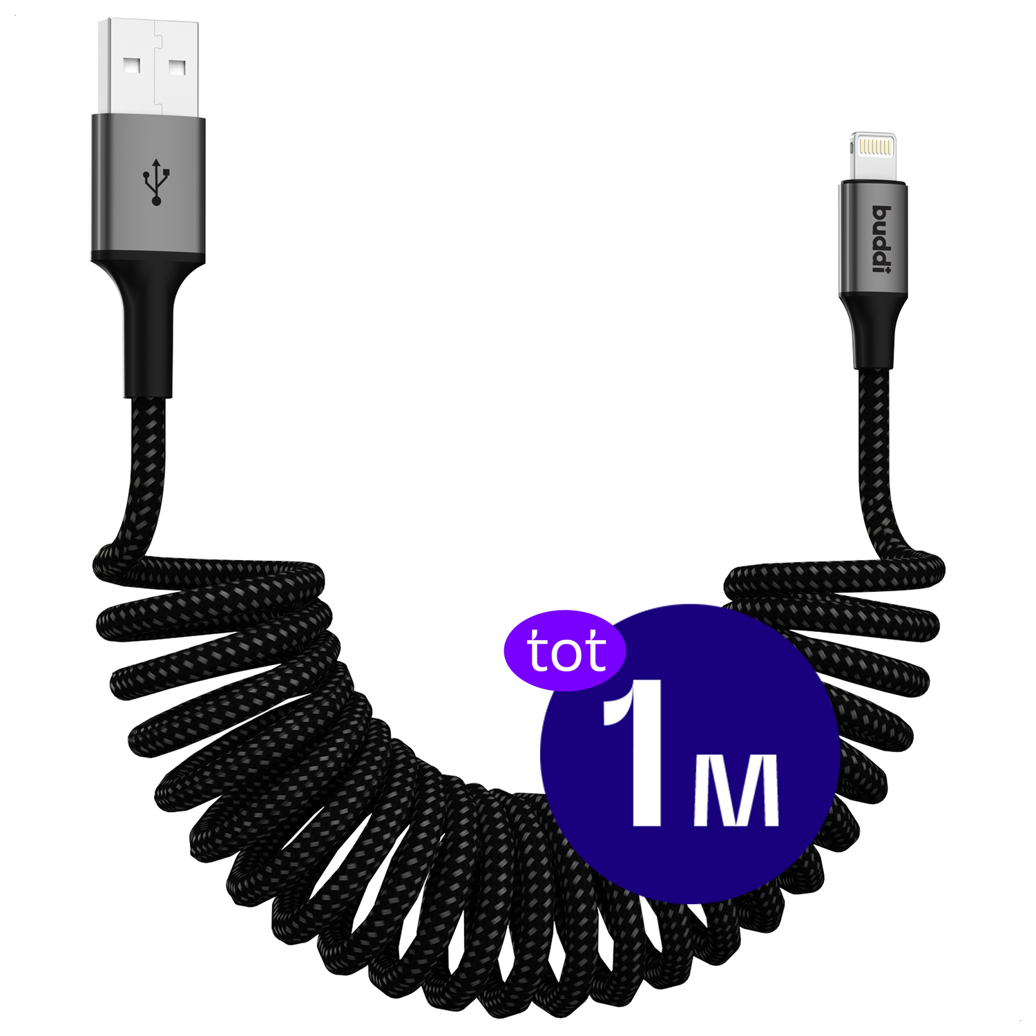 Buddi Flex USB-A naar Lightning Krulsnoer Kabel 12W Fast Charge 1M Zwart afbeelding 1