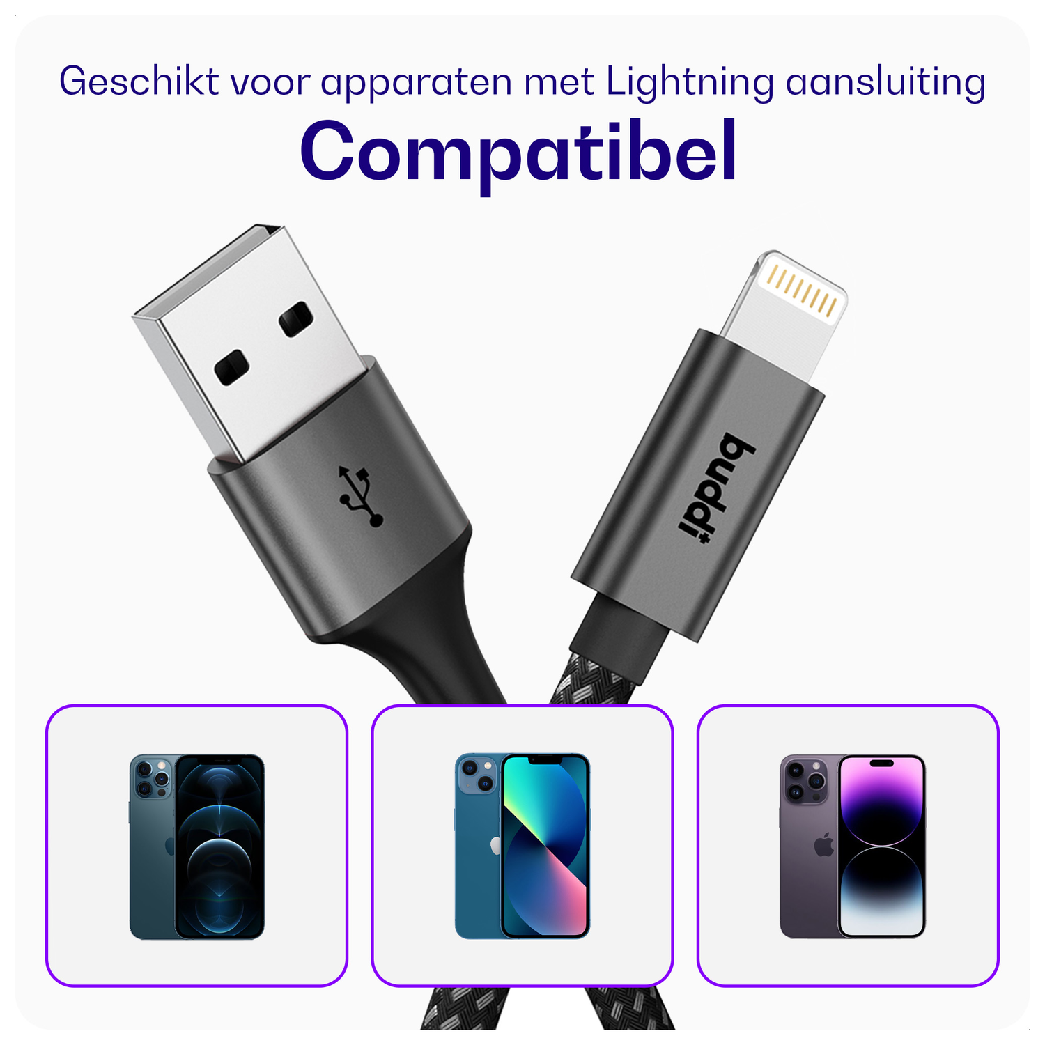 Buddi Flex USB-A naar Lightning Krulsnoer Kabel 12W Fast Charge 1M Zwart afbeelding 5