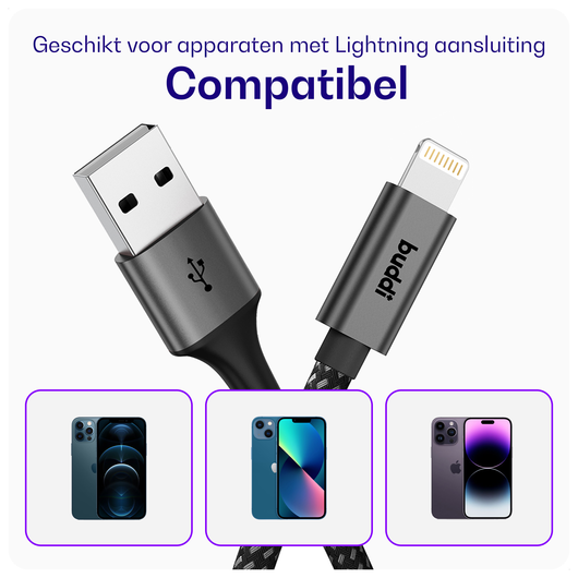 Buddi Flex USB-A naar Lightning Krulsnoer Kabel 12W Fast Charge 1M Zwart afbeelding 5
