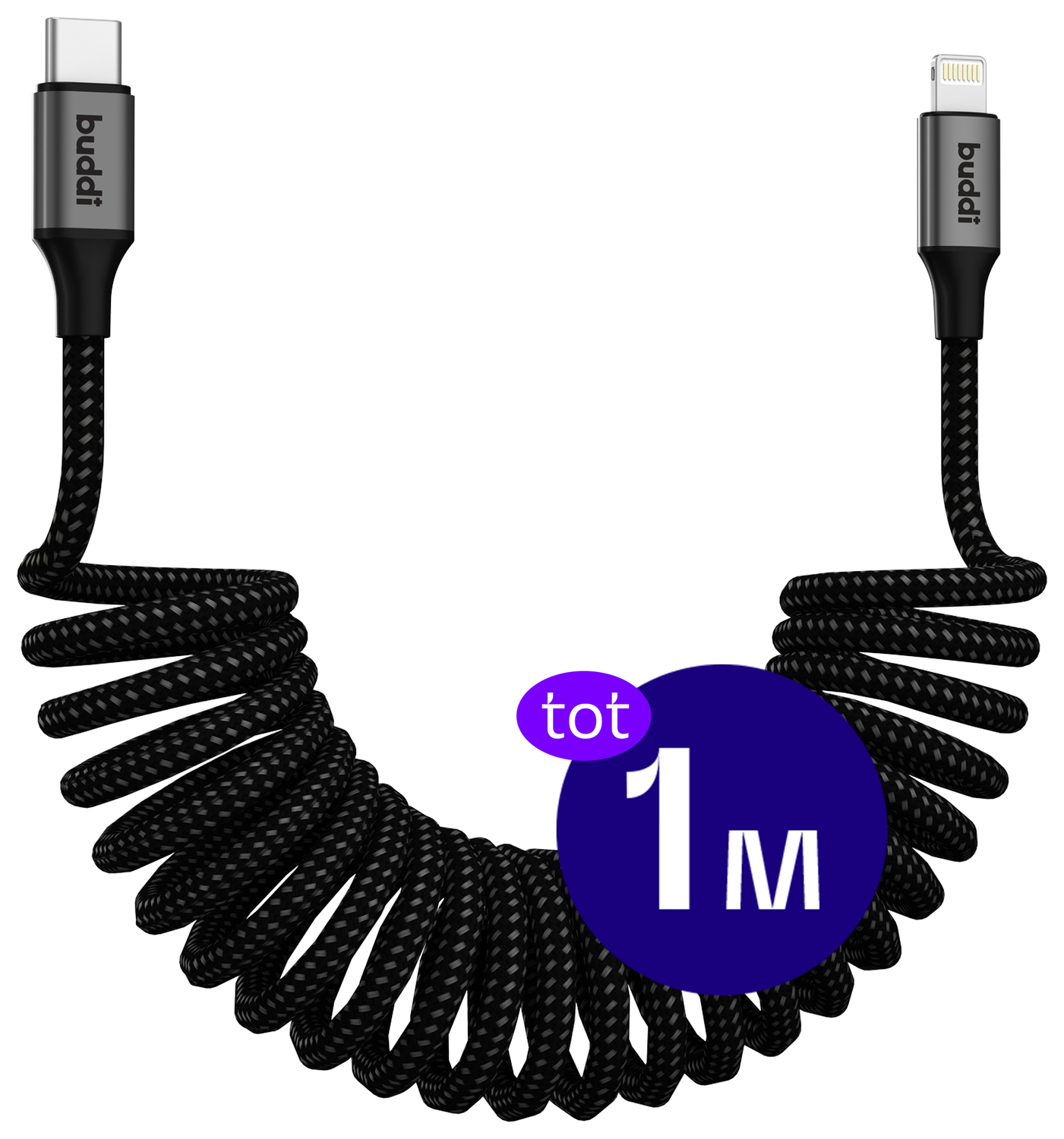 Buddi Flex USB-C naar Lightning Krulsnoer Kabel 12W Fast Charge 1M Zwart afbeelding 1