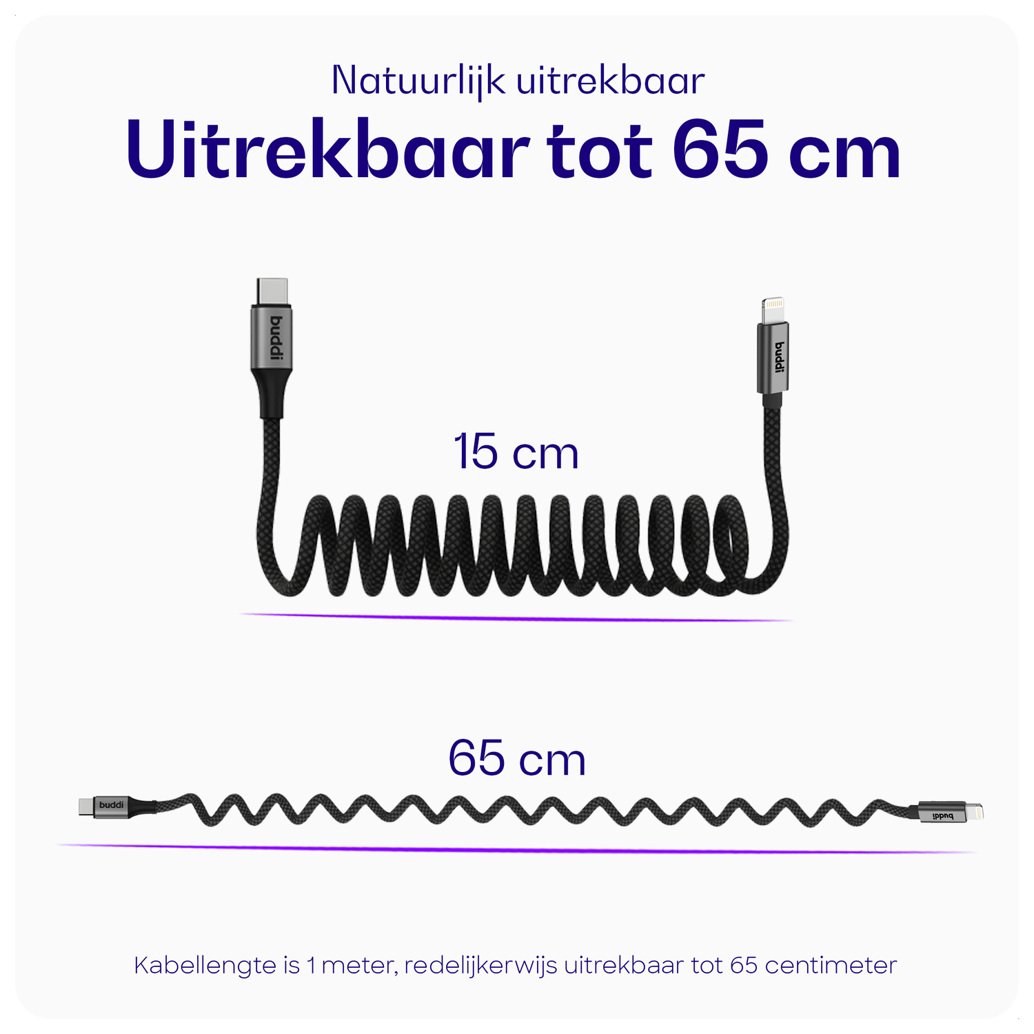 Buddi Flex USB-C naar Lightning Krulsnoer Kabel 12W Fast Charge 1M Zwart afbeelding 3