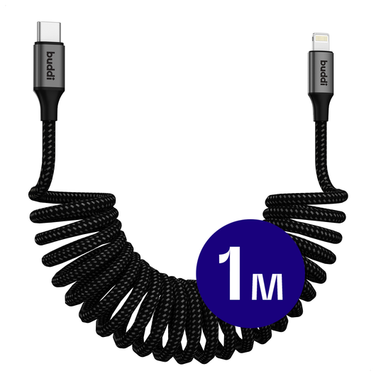 Buddi Flex USB-C naar Lightning Krulsnoer Kabel 12W Fast Charge 1M Zwart afbeelding 1