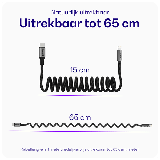 Buddi Flex USB-C naar Lightning Krulsnoer Kabel 12W Fast Charge 1M Zwart afbeelding 3