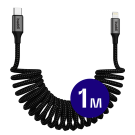 Buddi Flex USB-C naar Lightning Krulsnoer Kabel 12W Fast Charge 1M Zwart