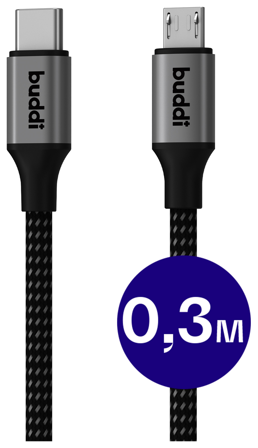 Buddi Flex USB-C naar Micro-USB Kabel 12W Fast Charge 30cm Zwart afbeelding 1