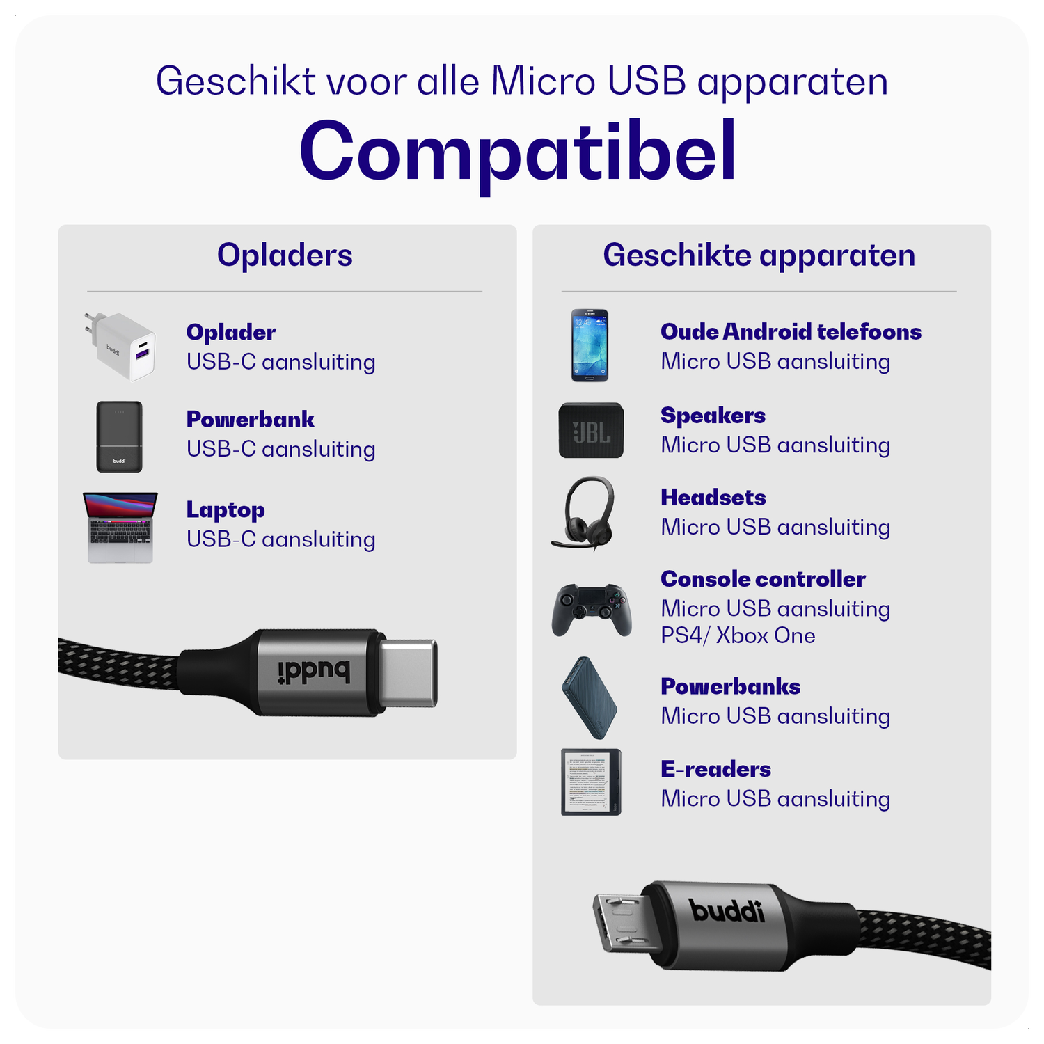 Buddi Flex USB-C naar Micro-USB Kabel 12W Fast Charge 30cm Zwart afbeelding 4