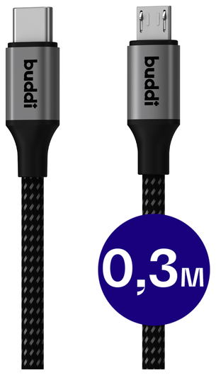 Buddi Flex USB-C naar Micro-USB Kabel 12W Fast Charge 30cm Zwart afbeelding 1