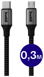 Buddi Flex USB-C naar Micro-USB Kabel 12W Fast Charge 30cm Zwart