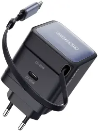 Duzzona T10 GaN 65W Snellader met ingebouwde Uittrekbare USB-C Kabel Zwart
