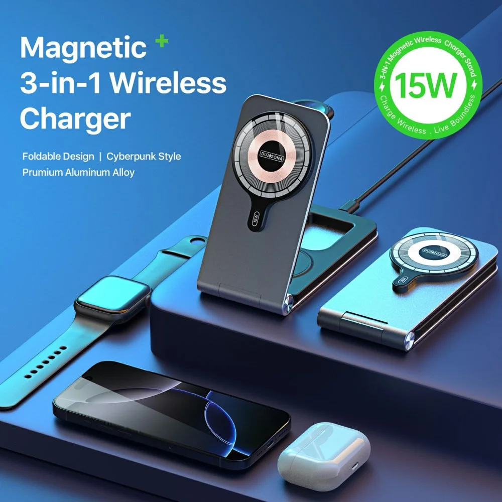 Duzzona 3-in-1 MagSafe Oplader iPhone/AirPods (Pro)/Apple Watch Opvouwbaar Grijs afbeelding 2
