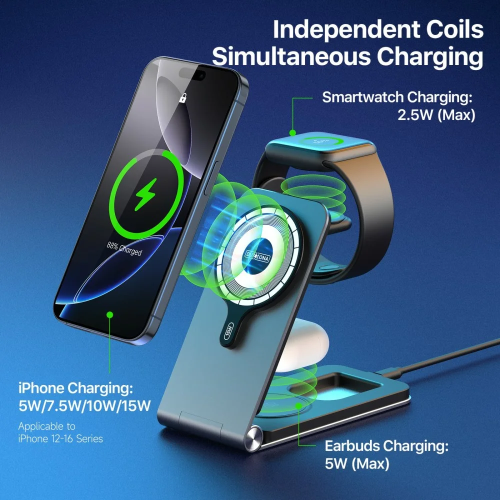 Duzzona 3-in-1 MagSafe Oplader iPhone/AirPods (Pro)/Apple Watch Opvouwbaar Grijs afbeelding 3