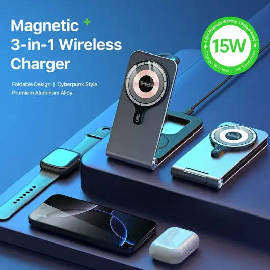 Duzzona 3-in-1 MagSafe Oplader iPhone/AirPods (Pro)/Apple Watch Opvouwbaar Grijs afbeelding 2