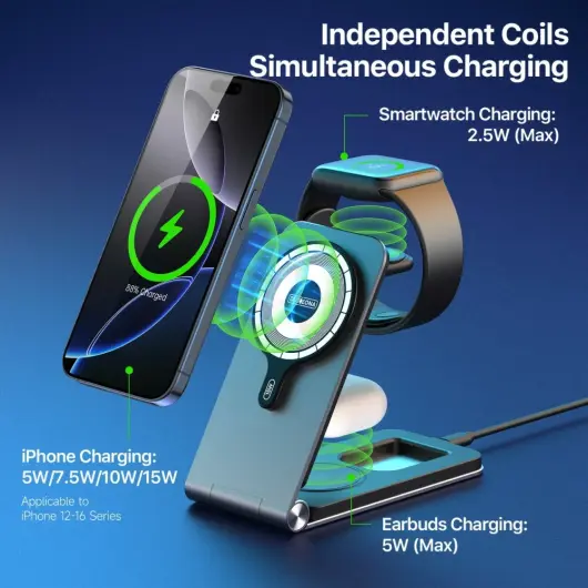 Duzzona 3-in-1 MagSafe Oplader iPhone/AirPods (Pro)/Apple Watch Opvouwbaar Grijs afbeelding 3