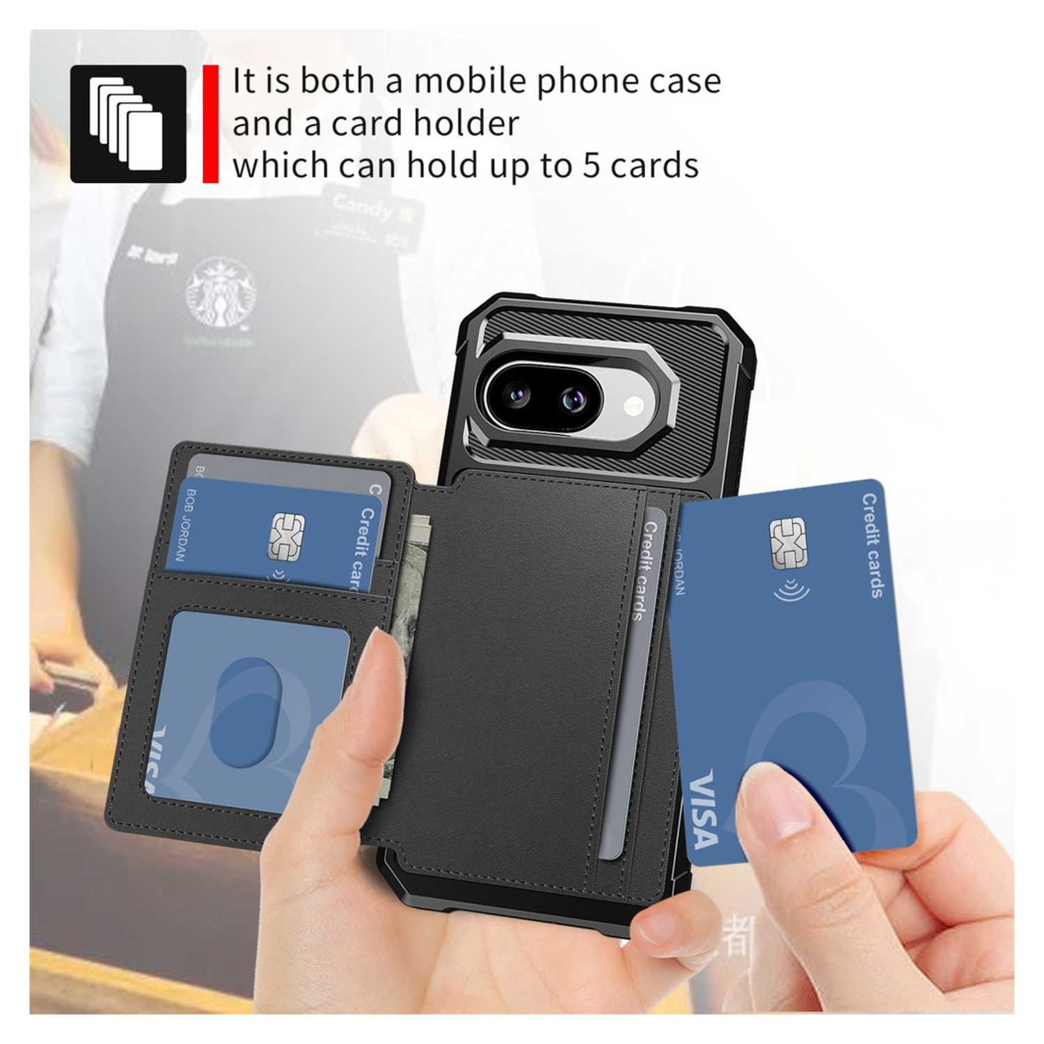 Google Pixel 9a Hoesje 3-in-1 Pasjes Portemonnee Back Cover Zwart afbeelding 4