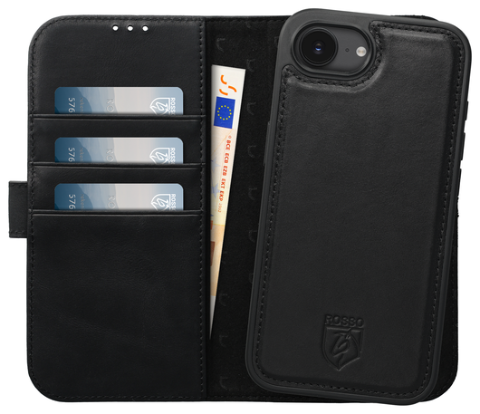 Rosso Elite Apple iPhone 16e Hoesje met MagSafe Book Case Echt Leer Zwart afbeelding 1