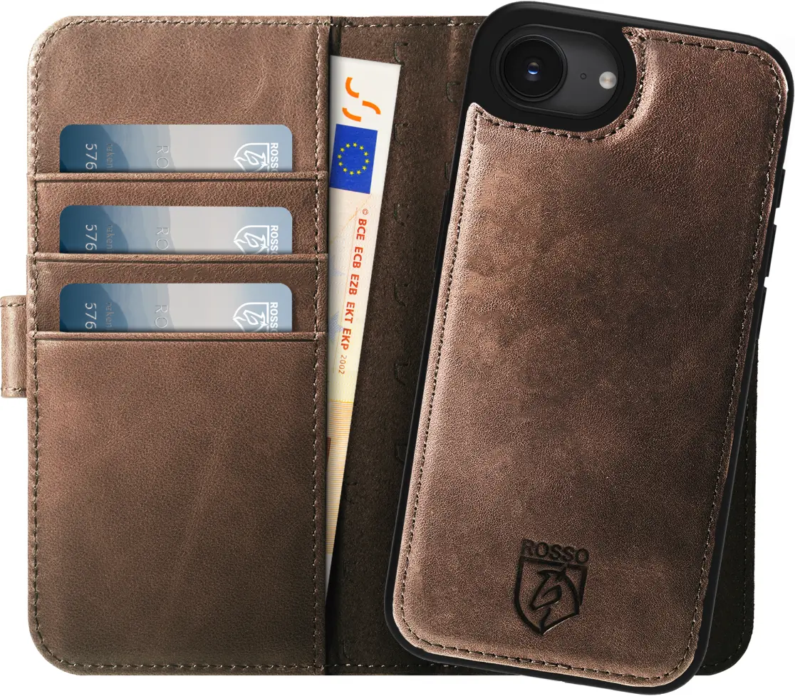 Rosso Elite Apple iPhone 16e Hoesje met MagSafe Book Case Echt Leer Bruin afbeelding 1