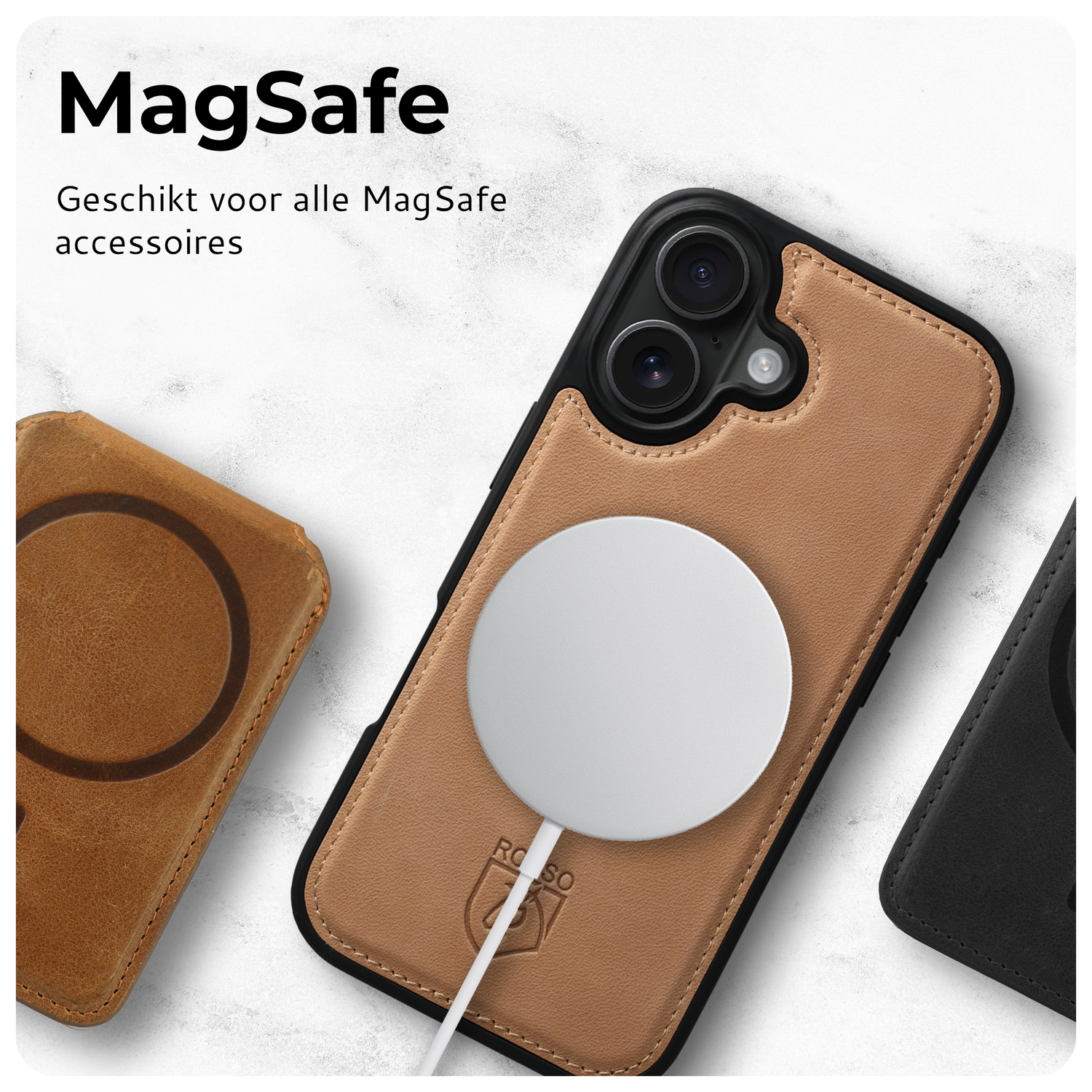 Rosso Elite Apple iPhone 16e Hoesje met MagSafe Book Case Echt Leer Lichtbruin afbeelding 7
