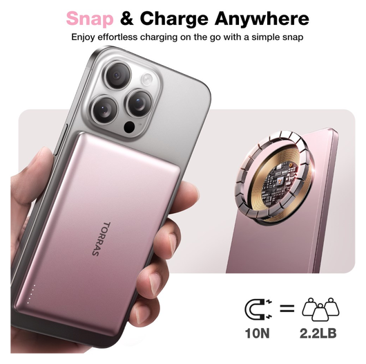 Torras MiniMag 5.000 mAh MagSafe Powerbank Reisformaat Roze afbeelding 7