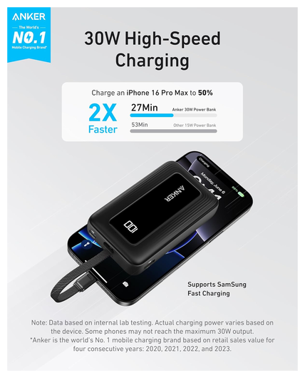 Anker Zolo 30W Powerbank met Ingebouwde Lanyard USB-C Kabel 10.000 mAh Zwart afbeelding 2