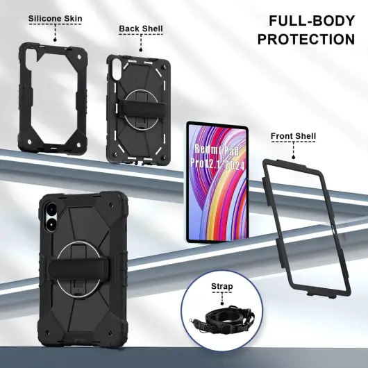 Xiaomi Redmi Pad Pro / Poco Pad Hoes Back Cover met Kickstand en Handriem Zwart afbeelding 3