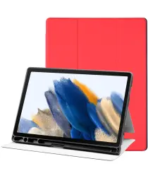 Samsung Galaxy Tab A8 Hoes Luxe Tri-Fold Book Case Kunst Leer Rood afbeelding