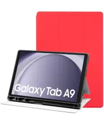 Samsung Galaxy Tab A9 Hoes Luxe Tri-Fold Book Case Kunst Leer Rood afbeelding