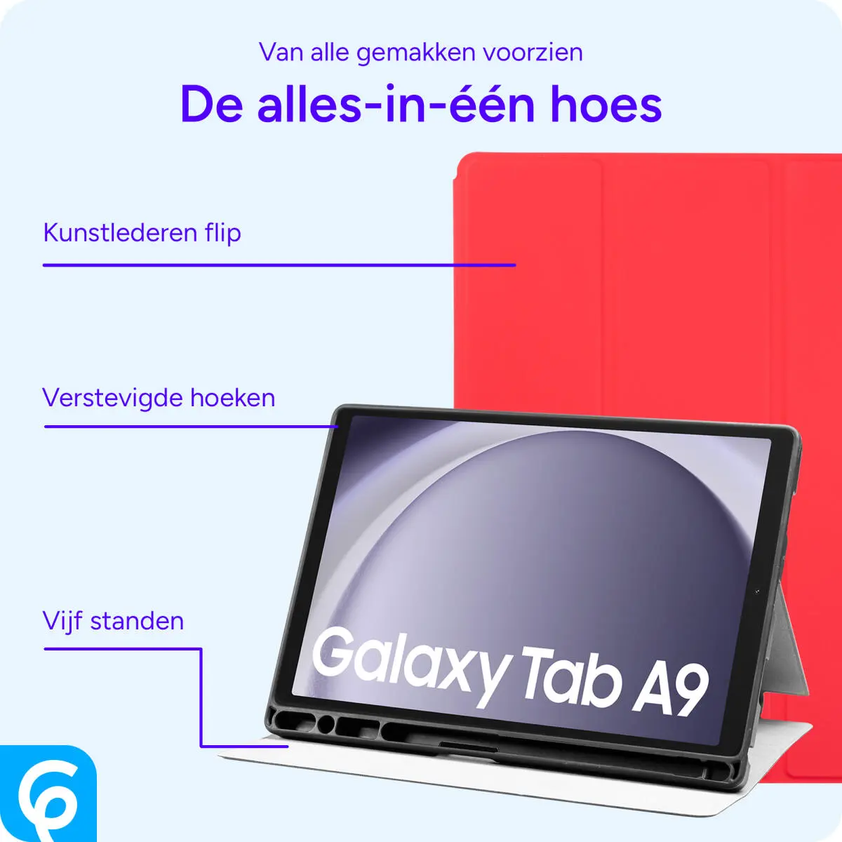 Samsung Galaxy Tab A9 Hoes Luxe Tri-Fold Book Case Kunst Leer Rood afbeelding 3