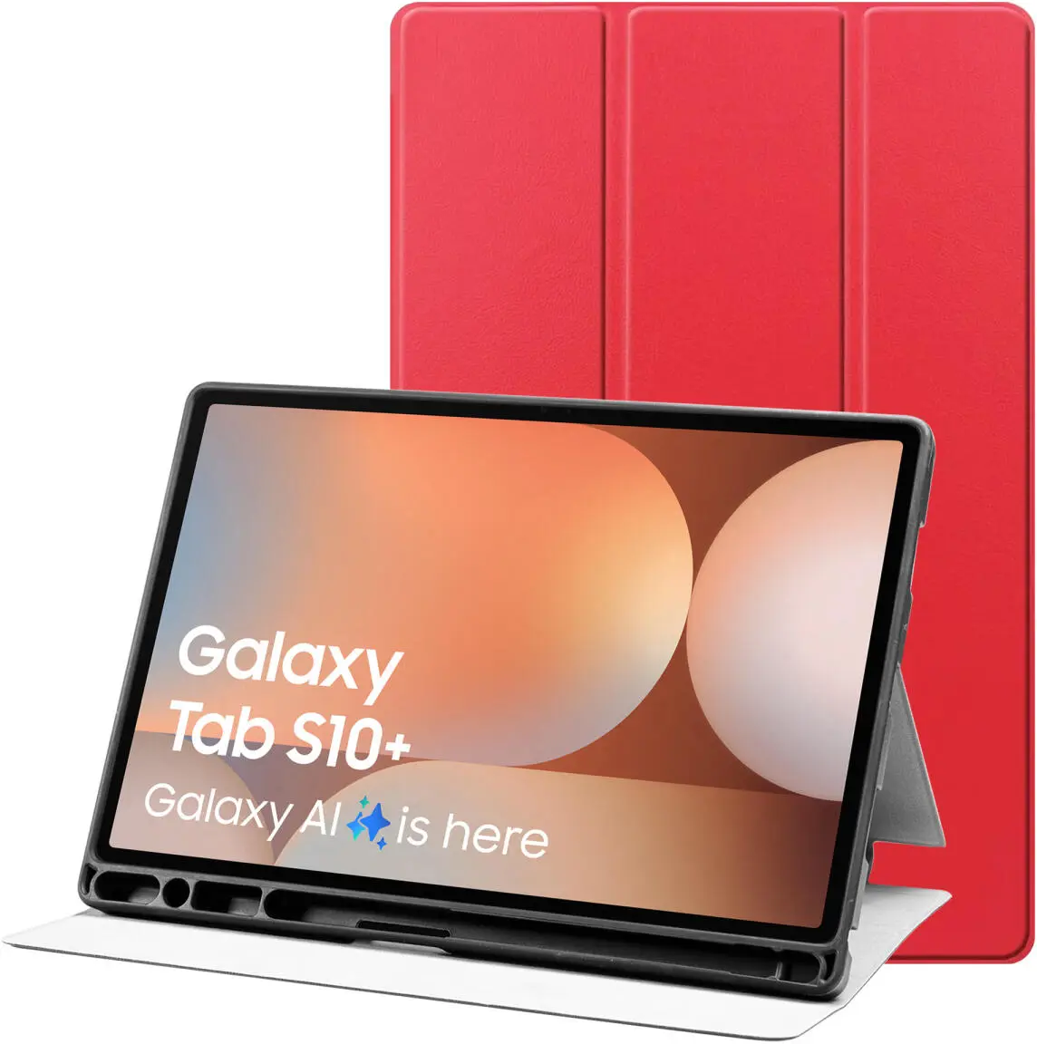 Samsung Galaxy Tab S10+/S9+/S9 FE+ Hoes Luxe Tri-Fold Book Case Kunst Leer Rood afbeelding 1