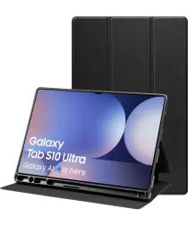 Samsung Tab S10 Ultra / S9 Ultra Hoes Luxe Tri-Fold Book Case Kunst Leer Zwart afbeelding