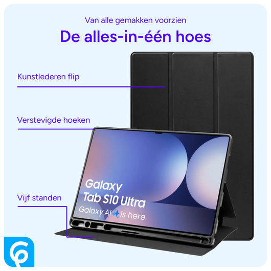 Samsung Tab S10 Ultra / S9 Ultra Hoes Luxe Tri-Fold Book Case Kunst Leer Zwart afbeelding 5