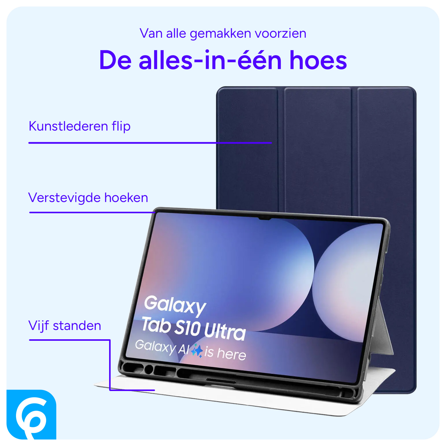 Samsung Tab S10 Ultra / S9 Ultra Hoes Luxe Tri-Fold Book Case Kunst Leer Blauw afbeelding 4