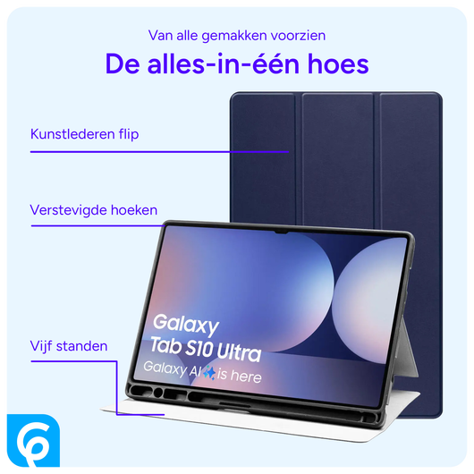 Samsung Tab S10 Ultra / S9 Ultra Hoes Luxe Tri-Fold Book Case Kunst Leer Blauw afbeelding 4