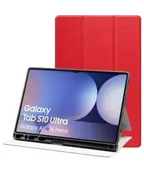 Samsung Tab S10 Ultra / S9 Ultra Hoes Luxe Tri-Fold Book Case Kunst Leer Rood afbeelding