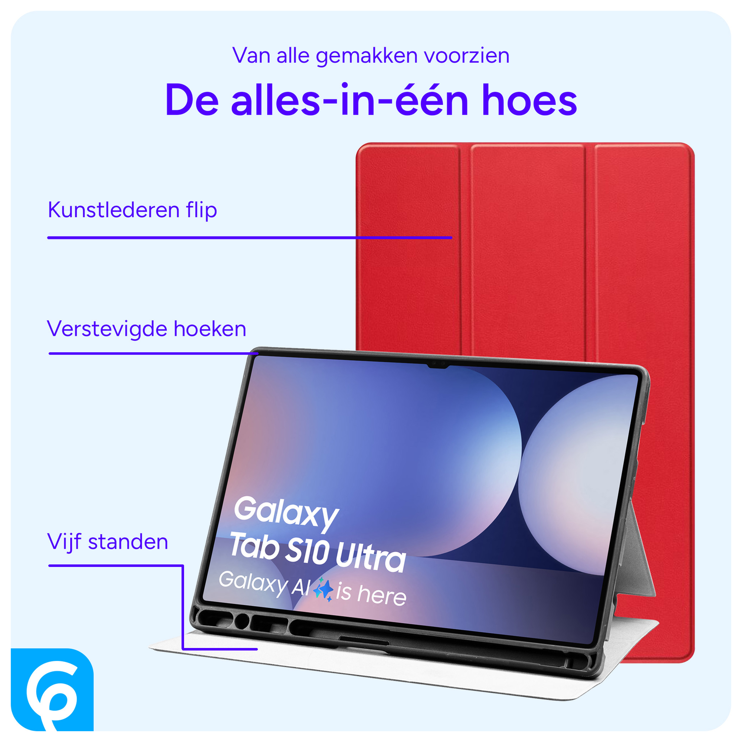Samsung Tab S10 Ultra / S9 Ultra Hoes Luxe Tri-Fold Book Case Kunst Leer Rood afbeelding 4