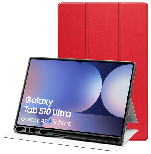 Samsung Tab S10 Ultra / S9 Ultra Hoes Luxe Tri-Fold Book Case Kunst Leer Rood afbeelding 1
