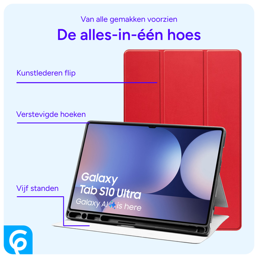 Samsung Tab S10 Ultra / S9 Ultra Hoes Luxe Tri-Fold Book Case Kunst Leer Rood afbeelding 4
