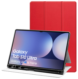 Samsung Tab S10 Ultra / S9 Ultra Hoes Luxe Tri-Fold Book Case Kunst Leer Rood afbeelding