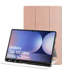Samsung Tab S10 Ultra / S9 Ultra Hoes Luxe Tri-Fold Book Case Kunst Leer Roze afbeelding
