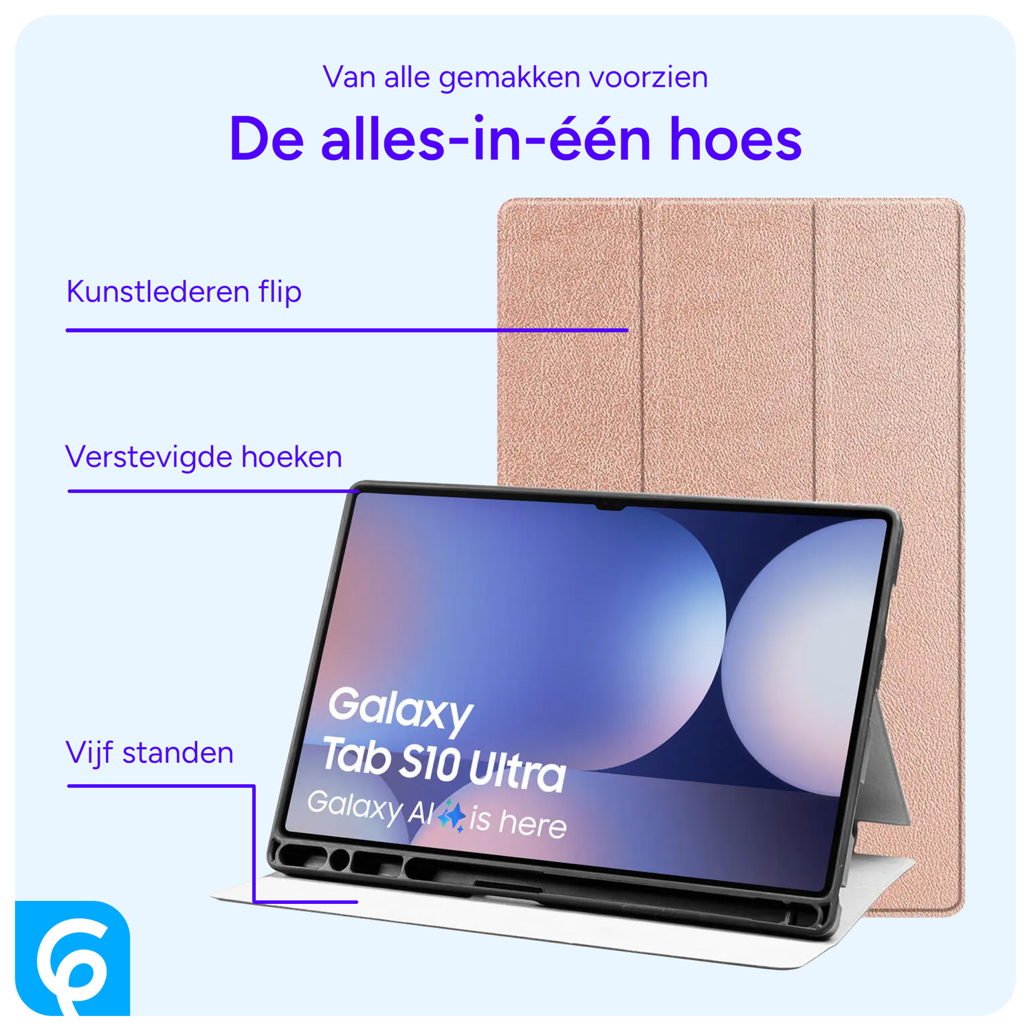 Samsung Tab S10 Ultra / S9 Ultra Hoes Luxe Tri-Fold Book Case Kunst Leer Roze afbeelding 4