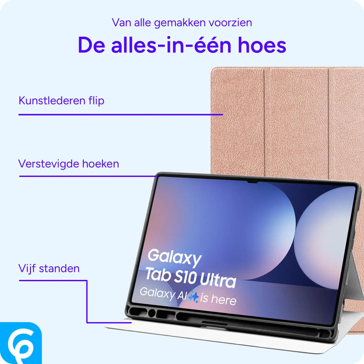 Samsung Tab S10 Ultra / S9 Ultra Hoes Luxe Tri-Fold Book Case Kunst Leer Roze afbeelding 3