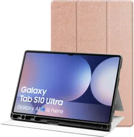 Samsung Tab S10 Ultra / S9 Ultra Hoes Luxe Tri-Fold Book Case Kunst Leer Roze afbeelding