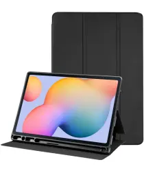 Samsung Galaxy Tab S6 Lite Hoes Luxe Tri-Fold Book Case Kunst Leer Zwart afbeelding